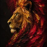 Merlot and antique gold black and gold lion wall art print featuring a side-profile lion with dramatic mane details for elegant interiors