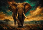 Tobacco and emerald black and gold elephant wall art featuring a majestic elephant with golden tusks, earthy tones, and dramatic landscape depth