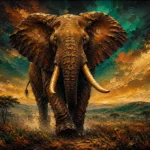 Tobacco and emerald black and gold elephant wall art featuring a majestic elephant with golden tusks, earthy tones, and dramatic landscape depth