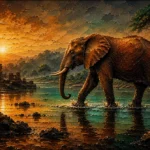 Tobacco and emerald black and gold elephant wall art featuring an elephant crossing reflective water with golden light and earthy landscape tones