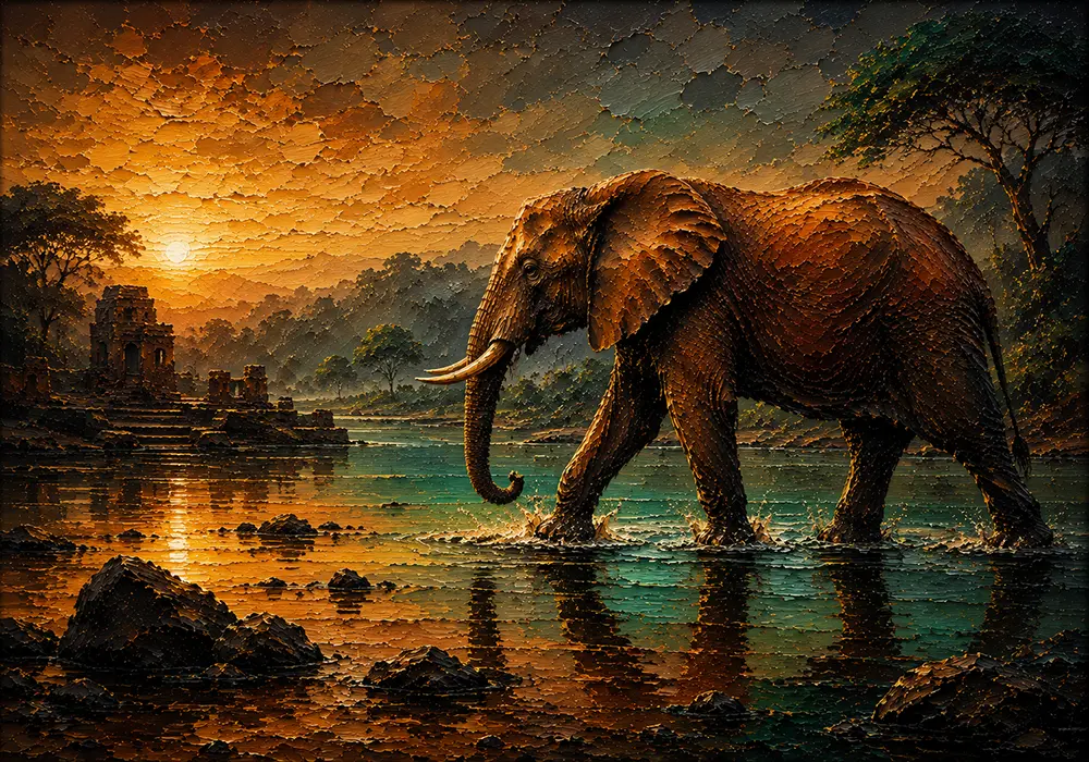 Bronze Passage Black and Gold Elephant Wall Art Tobacco & Emerald Art Print