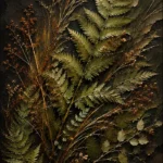 Olive contrast black and gold botanical wall art featuring flowing fern fronds, botanical grasses, and bronze-gold highlighted stems