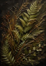 Olive contrast black and gold botanical wall art featuring flowing fern fronds, botanical grasses, and bronze-gold highlighted stems