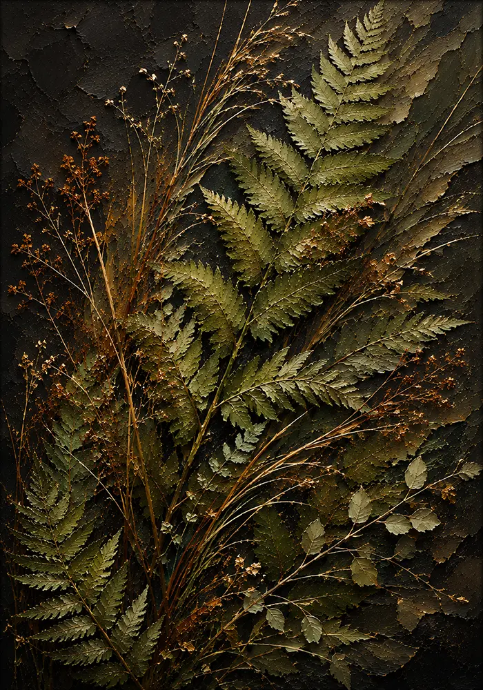 Forest Symphony Black and Gold Botanical Wall Art Olive Contrast Art Print