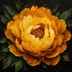 Amber and emerald black and gold flower wall featuring a layered peony bloom with golden petals and deep green foliage