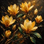 Amber and emerald black and gold flower wall featuring magnolia blossoms on branches with golden petals and green leaves