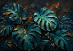 Peacock and gold black and gold leaf wall art featuring layered monstera leaves with antique gold veins and deep blue foliage