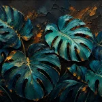 Peacock and gold black and gold leaf wall art featuring layered monstera leaves with antique gold veins and deep blue foliage
