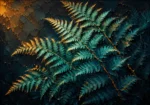Peacock and gold black and gold leaf wall art featuring flowing fern fronds with teal foliage and antique gold highlighted stems