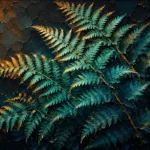Peacock and gold black and gold leaf wall art featuring flowing fern fronds with teal foliage and antique gold highlighted stems