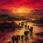 Merlot and antique gold black and gold african wall art featuring elephants crossing reflective water at sunrise with dramatic landscape tones