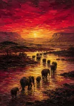 Merlot and antique gold black and gold african wall art featuring elephants crossing reflective water at sunrise with dramatic landscape tones