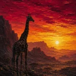 Merlot and antique gold black and gold african wall art print featuring a silhouetted giraffe, layered cliffs, and a dramatic sunset landscape