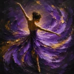 Violet and gold black and gold woman wall art print featuring a ballerina in flowing dress with antique gold highlights and dramatic charcoal contrast