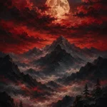 Tobacco and emerald black and gold african art featuring a radiant moon above burgundy clouds and misty mountain silhouettes for sophisticated interiors