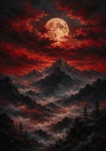 Tobacco and emerald black and gold african art featuring a radiant moon above burgundy clouds and misty mountain silhouettes for sophisticated interiors