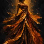 Amber Noir black and gold woman art featuring a graceful woman in a flowing gown illuminated by radiant amber light against a dramatic dark background for elegant interiors