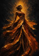 Amber Noir black and gold woman art featuring a graceful woman in a flowing gown illuminated by radiant amber light against a dramatic dark background for elegant interiors
