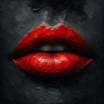 Crimson Noir black and gold lips wall art featuring sculptural crimson lips with dramatic lighting against a deep dark background for elegant interiors