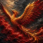 Velvet Merlot red black and gold wall art featuring a majestic phoenix soaring through crimson smoke with dramatic golden illumination for sophisticated interiors