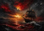 Velvet Merlot red black and gold wall art featuring an antique sailing vessel on stormy seas beneath dramatic golden light for sophisticated interiors