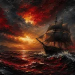 Velvet Merlot red black and gold wall art featuring an antique sailing vessel on stormy seas beneath dramatic golden light for sophisticated interiors
