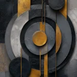 Charcoal and gold modern black and gold wall art featuring concentric circles, elongated geometric bars, and layered architectural forms for sophisticated interiors