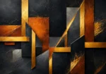 Amber noir black and gold modern art featuring layered geometric planes, floating prisms, and metallic amber accents for sophisticated contemporary interiors