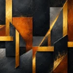 Amber noir black and gold modern art featuring layered geometric planes, floating prisms, and metallic amber accents for sophisticated contemporary interiors