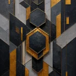 Charcoal and gold black and gold geometric wall art featuring interlocking hexagons, layered architectural forms, and metallic accents for sophisticated interiors