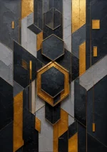 Charcoal and gold black and gold geometric wall art featuring interlocking hexagons, layered architectural forms, and metallic accents for sophisticated interiors