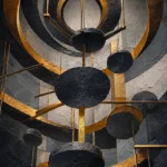 Charcoal and gold black and gold geometric wall art featuring suspended concentric circles, faceted discs, and metallic structural beams for elegant modern interiors