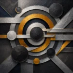 Charcoal and gold black gold and silver wall art featuring concentric metallic circles, silver beams, and geometric forms for elegant interiors