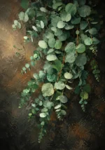 Eucalyptus and clay eucalyptus botanical print featuring cascading silver-dollar leaves with layered green tones for elegant botanical interiors
