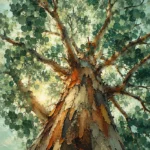 Eucalyptus and clay eucalyptus botanical print featuring an upward view of a majestic eucalyptus canopy with layered green foliage for elegant interiors