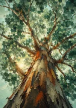Eucalyptus and clay eucalyptus botanical print featuring an upward view of a majestic eucalyptus canopy with layered green foliage for elegant interiors