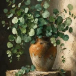 Eucalyptus and clay eucalyptus botanical print featuring fresh eucalyptus stems in a handcrafted ceramic vessel for elegant botanical interiors