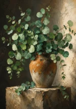 Eucalyptus and clay eucalyptus botanical print featuring fresh eucalyptus stems in a handcrafted ceramic vessel for elegant botanical interiors
