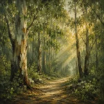 Moss and sage green botanical wall art featuring a peaceful eucalyptus woodland with a winding forest path and golden light for elegant interiors