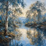 Powder blue blue and green botanical prints featuring a eucalyptus woodland and reflective pond with cocoa and charcoal tones for elegant interiors