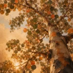 Clay and moss modern botanical wall art featuring an upward eucalyptus canopy with amber, terracotta, and green tones for elegant interiors