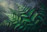 Emerald fern art featuring layered botanical fronds with forest green, slate blue-gray, and charcoal tones for elegant interiors