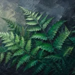 Emerald fern art featuring layered botanical fronds with forest green, slate blue-gray, and charcoal tones for elegant interiors