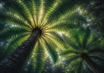 Emerald fern art featuring towering tree fern fronds viewed from below with forest green, slate, and charcoal tones for elegant interiors