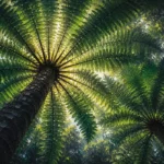 Emerald fern art featuring towering tree fern fronds viewed from below with forest green, slate, and charcoal tones for elegant interiors
