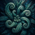 Deep teal editorial large fern prints featuring spiral fiddlehead ferns with dynamic botanical movement for elegant interiors