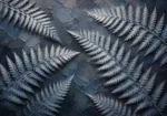 Dusty blue gallery silver fern wall art featuring layered fronds with silver highlights and elegant botanical geometry for interiors