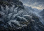 Dusty blue silver fern wall art print featuring mature fern foliage, misty stone ledges, and elegant botanical landscape tones for refined interiors