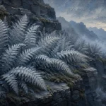 Dusty blue silver fern wall art print featuring mature fern foliage, misty stone ledges, and elegant botanical landscape tones for refined interiors