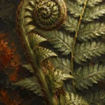 Olive fern leaf wall art print featuring an unfurling fiddlehead, layered fern fronds, rust accents, and graphite shadows for elegant interiors